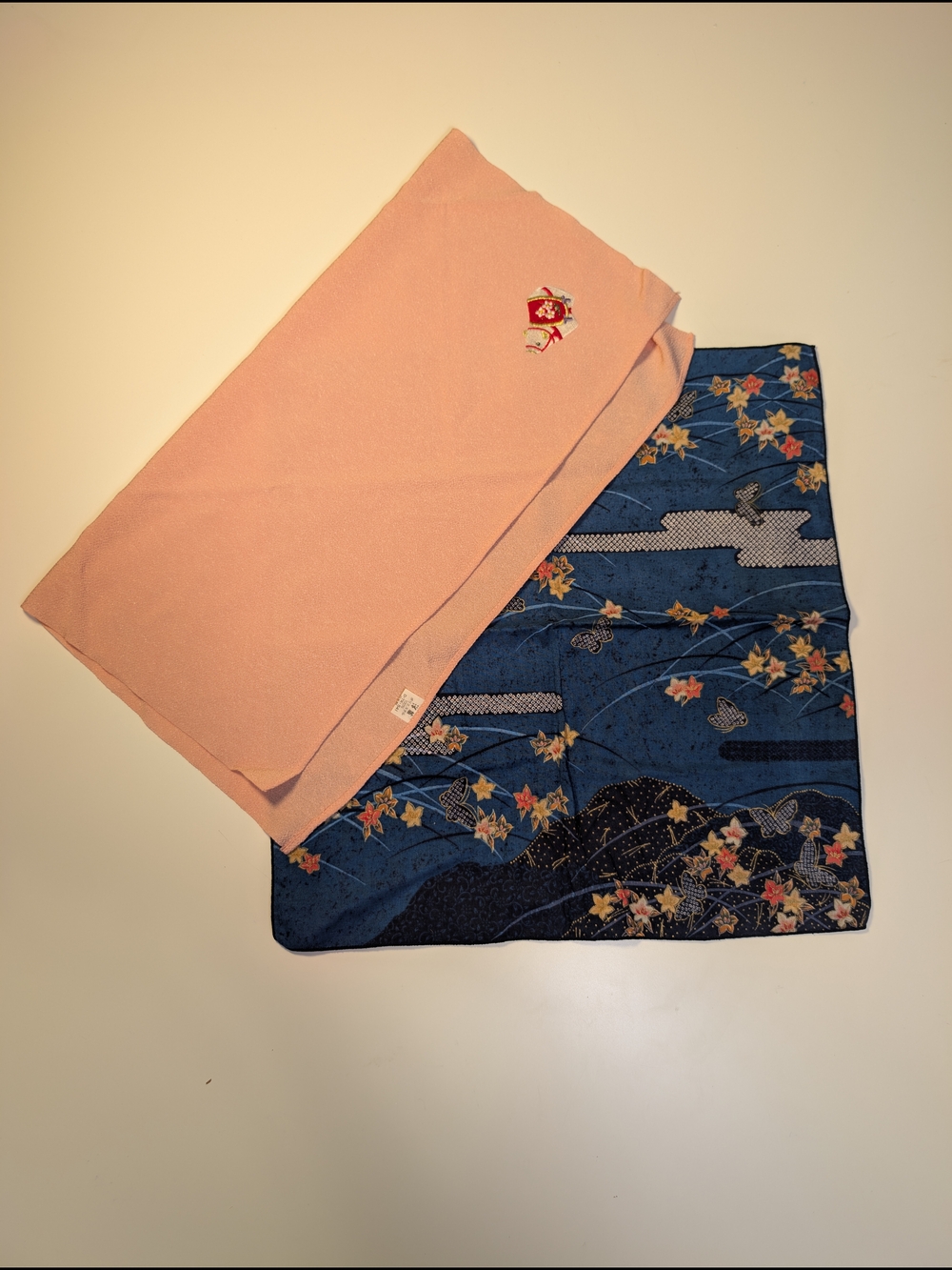 Japanese Textile Lot: Pink Chirimen Furoshiki & Navy Maple Leaf Handkerchief